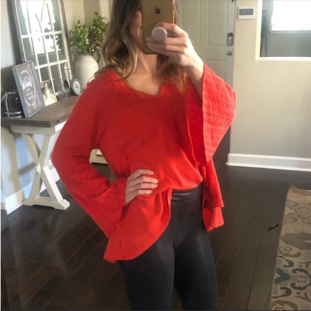 Free People orange flare sleeve blouse